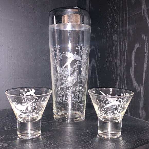 Dining Vintage Etched Glass Cocktail Martini Set Shaker Lowball